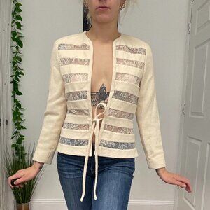 gianfranco ferre  Long Sleeve Mesh Striped Cardigan Tie-Waist Size m Cream